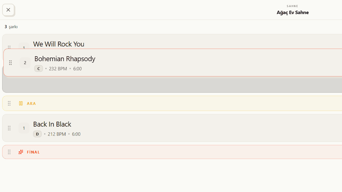 Setlist — drag-and-drop ordering and live duration