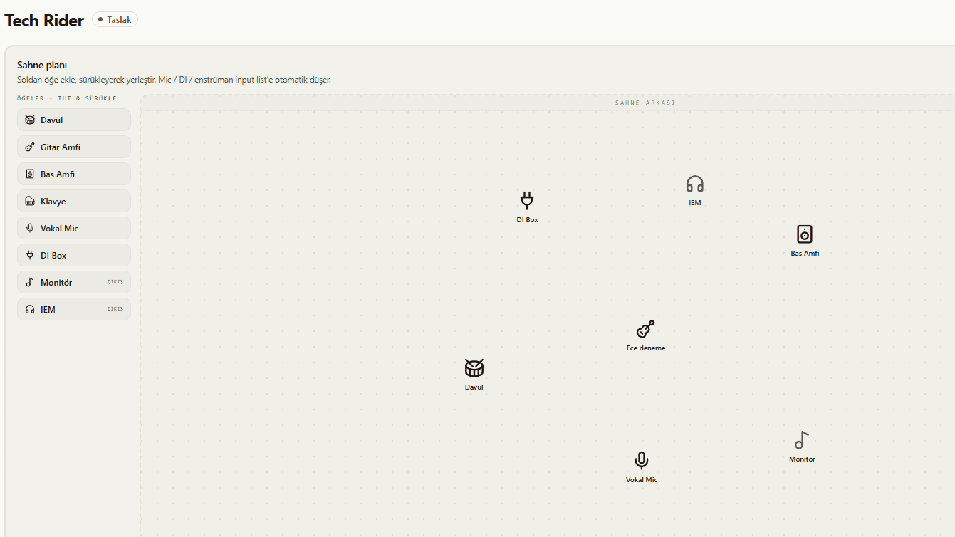 Tech Rider — otomatik sahne planı ve input list
